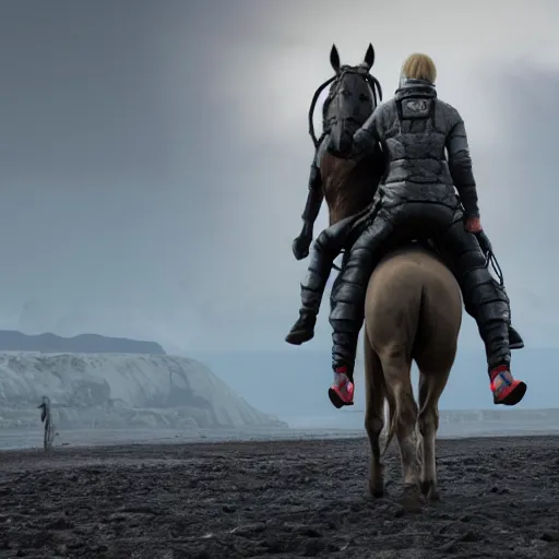 Prompt: death stranding game, a horse riding an astronaut, an astronaut carries a horse on his back. the horse is above all, an astronaut carries a horse on his back, games lag, lag in the game, unreal engine 5, artstationhd, 4 k, 8 k, 3 d render, 3 d houdini, cinema 4 d, octane,