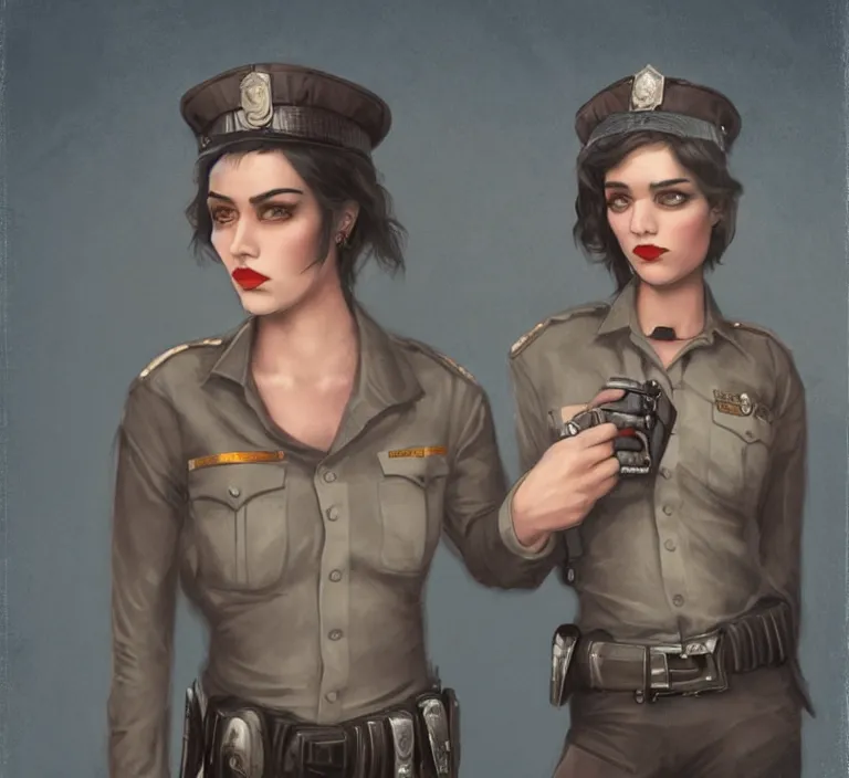 Image similar to a rugged and sarcastic female cop in the style of tom bagshaw