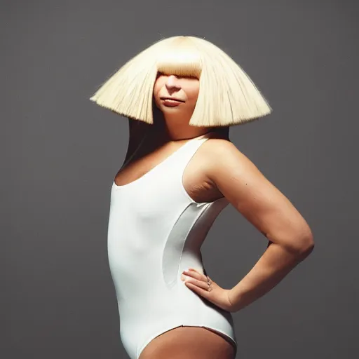 Image similar to sia furler wearing a skin colored leotard full body artistic photoshoot