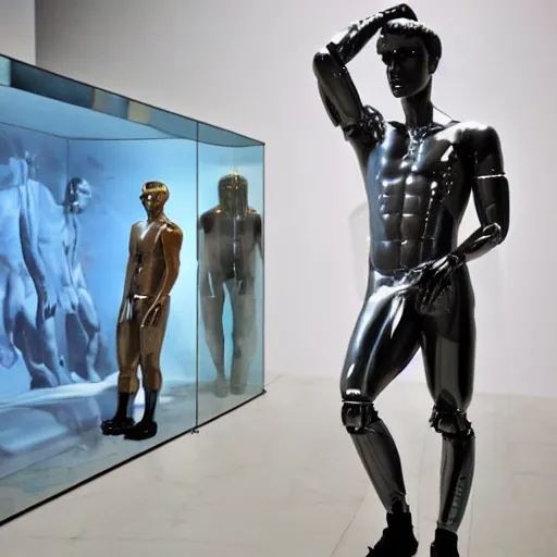 Image similar to a realistic detailed photo of a guy who is an attractive humanoid who is half robot and half humanoid, who is a male android, boxer and youtuber jake paul, shiny skin, posing like a statue, blank stare, at the museum, on display