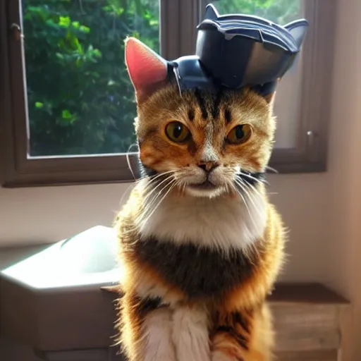 Prompt: Bearded bee cat like a cow who wears a hachiware split bowl as a war helmet is singing sweetly to humans for some reason, so when I went nadenade, the cat was happy I understood and spoiled