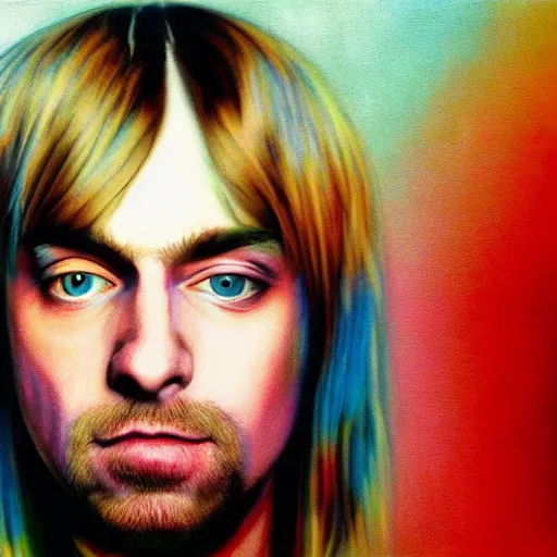 Image similar to colour masterpiece surreal closeup portrait photography of kurt cobain by miho hirano and annie leibovitz and michael cheval, pop art background, 8 k