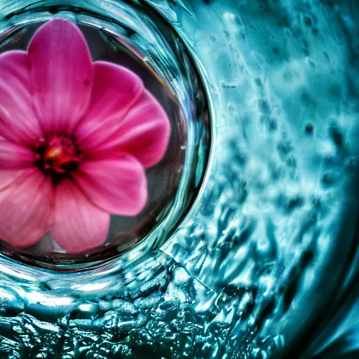 Image similar to macro photo of a flower inside a water sphere, depth of field, higly detailed photo