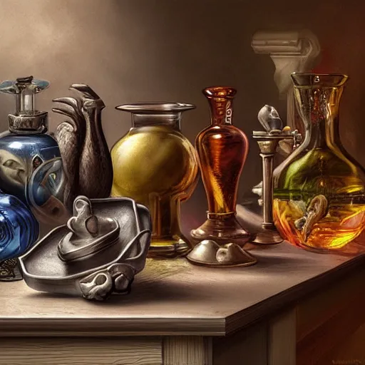 Image similar to hyper real, table, wizards laboratory, lisa parker, tony sart, mortar, pestle, scales, energy flowing, magic book, beakers of colored liquid