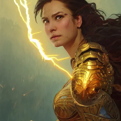 Image similar to portrait of a female warrior surrounded by energy, magic and lightning, epic, fantasy, D&D, intricate, upper body, highly detailed, digital painting, artstation, concept art, sharp focus, cinematic lighting, illustration, art by artgerm and greg rutkowski, alphonse mucha, cgsociety