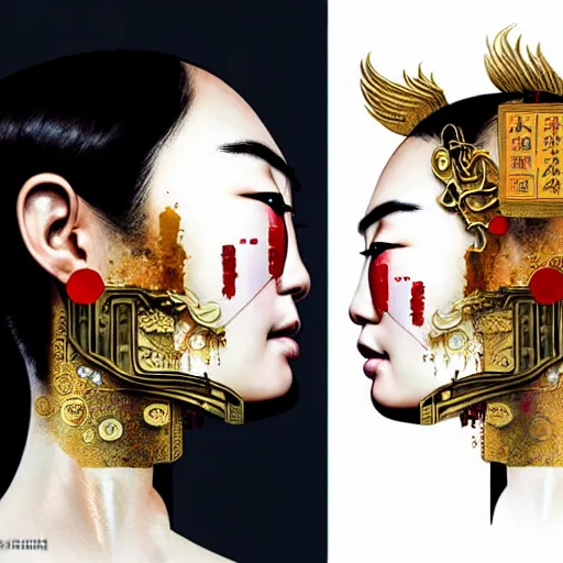 Image similar to portrait and side profile of a chinese woman :: side profile :: in ocean :: clockwork details :: gold :: blood and horror :: by vikings and Sandra Chevrier