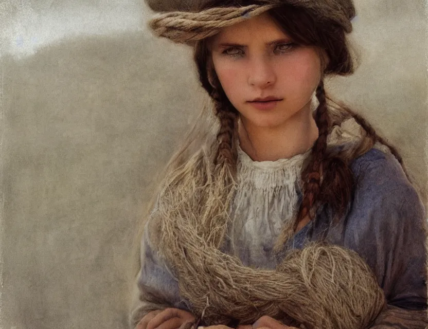 Image similar to peasant girl with long hair yarn knitting, cottage core, cinematic focus, polaroid photo bleached vintage pastel colors high - key lighting, soft lights, foggy, by steve hanks, by lisa yuskavage, by serov valentin, by tarkovsky, 8 k render, detailed, oil on canvas