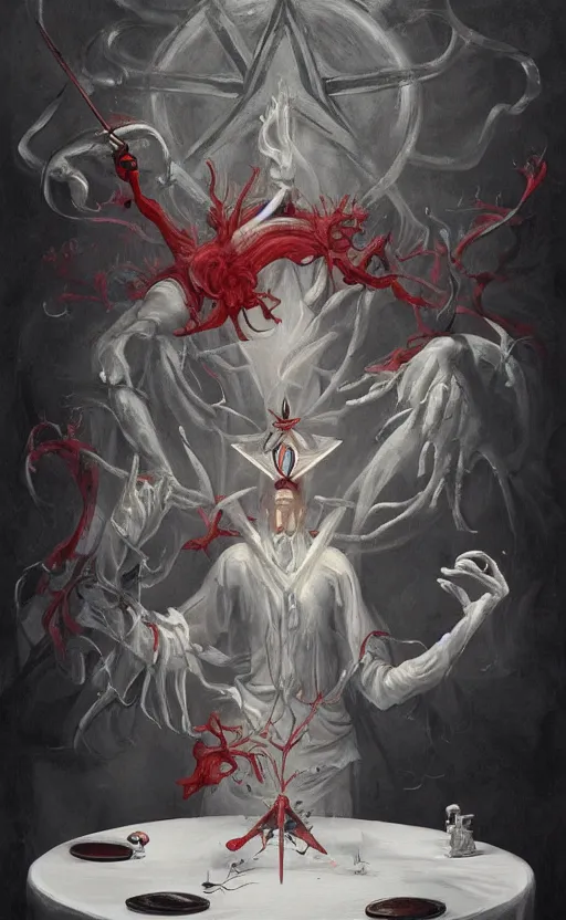 Image similar to a painting of a white robed magician behind a table, hands gesture as above so below, red mantle cup, sword, pentacle, wand, a surrealist painting by marco mazzoni, peter mohrbacher, nychos, cgsociety, neo - figurative, detailed painting, rococo, oil on canvas, seapunk, biomorphic, lovecraftian