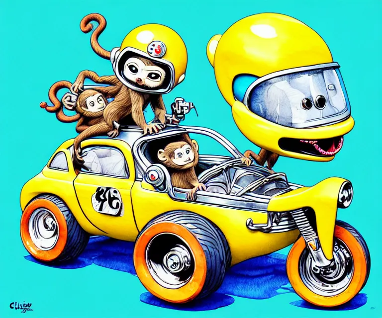 Prompt: cute and funny, monkey : : wearing a helmet : : riding in a tiny hot rod with oversized engine, ratfink style by ed roth, centered award winning watercolor pen illustration, isometric illustration by chihiro iwasaki, edited by range murata, tiny details by artgerm, symmetrically isometrically centered