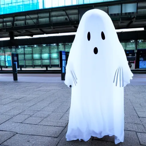 Image similar to a scary looking but very friendly transparent ghost at a train station in the style of a ghibli movie