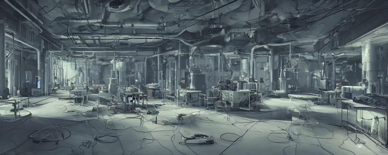 Image similar to interior of a lab with a reactor in the middle of the room and lots of wirings hanging from ceiling and pipes in the walls with big exhaust fan on the wall scifi, 8 k uhd, unreal engine, octane render in the artstyle of finnian macmanus, john park and greg rutkowski