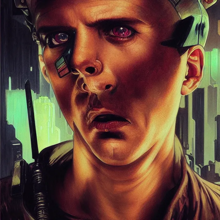 Image similar to excellent painted portrait of a replicant sanitation worker from blade runner (1982), cyberpunk blade runner art, character artwork, 8k resolution artwork, trending on artstation, detailed oil painting portrait, art by artgerm and greg rutkowski and alphonse mucha and craig mullins and James Jean and Andrei Riabovitchev and Marc Simonetti and peter mohrbacher, matte painting