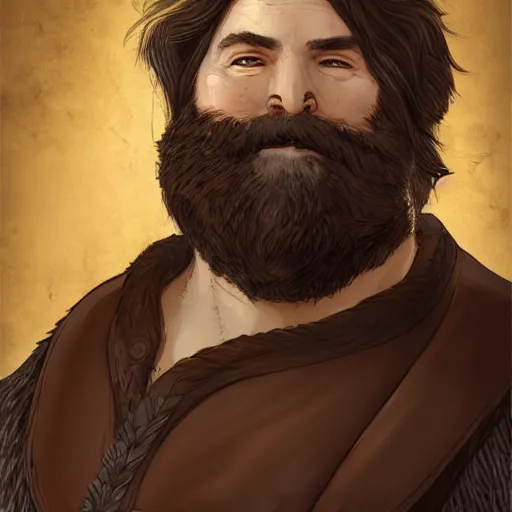 Image similar to portrait, 5 0 years old man, large, stocky : : fantasy : : brown hair, sympathetic, thick brown beard : : noble medieval clothing : : high detail, digital art, rpg, concept art, illustration