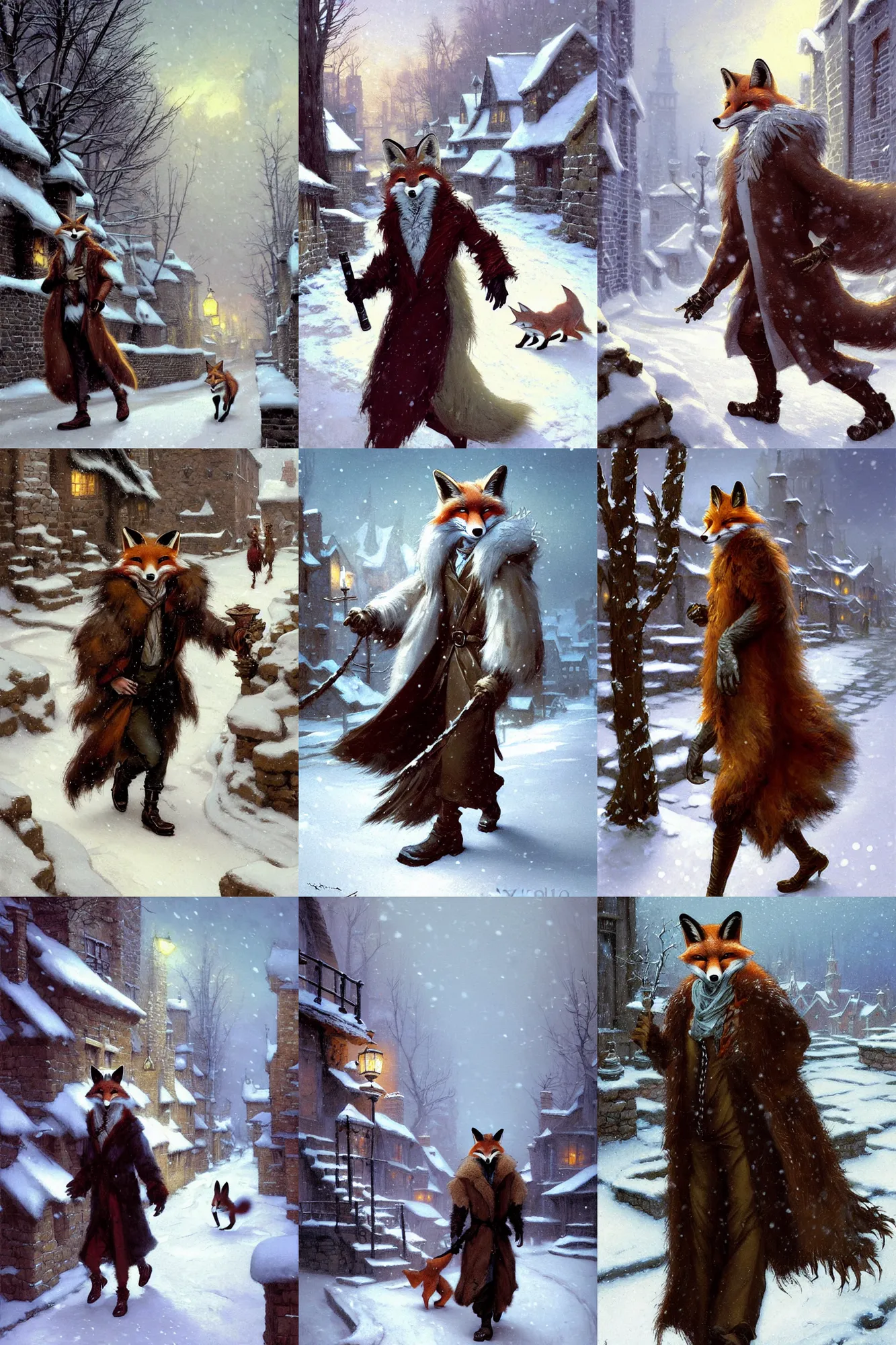 Prompt: an anthropomorphic fox man wearing a long fur coat in a snowy village, his long tail dragging behind him, character illustration by greg rutkowski, thomas kinkade, Howard Pyle, El Greco, Cynthia Sheppard