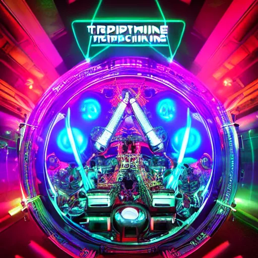 Prompt: cover art, album is called tripmachine, tripmachine, photo of a huge futuristic steampunk machinery with guitars and drums and loudspeakers, connected with glowing tubes 8 k, fluorescent colors, halluzinogenic, multicolored, exaggerated detailed, front shot, 3 d render, octane