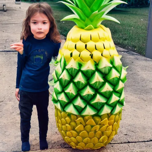 Prompt: DSLR photo of an mkultra pineapple next to a miniscule person by comparison