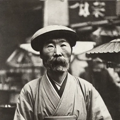 Image similar to Portrait of a 19th century Japanese gyuto trader at a Kyoto street market, 1900s photography