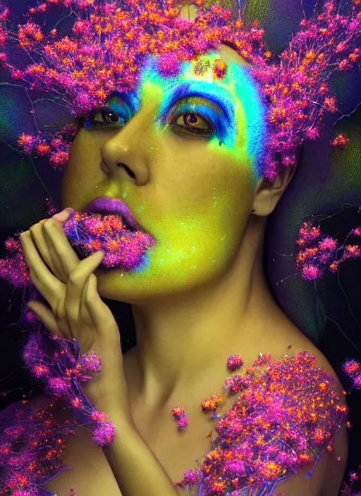 Image similar to hyper detailed 3d render like a Oil painting - Aurora (evocative cyberpunk and oil rainbow faced Singer) seen Eating of the Strangling network of yellowcake aerochrome and milky Fruit and Her delicate Hands hold of gossamer polyp blossoms bring iridescent fungal flowers whose spores black out the foolish stars by Jacek Yerka, Mariusz Lewandowski, Houdini algorithmic generative render, Abstract brush strokes, Masterpiece, Edward Hopper and James Gilleard, Zdzislaw Beksinski, Mark Ryden, Wolfgang Lettl, hints of Yayoi Kasuma, octane render, 8k