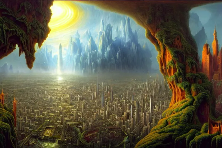 Prompt: a beautiful stunning insanely detailed complex matte painting of a magical mythical city at the edge of world by Heironymous Bosch and Jim Burns, a beautiful stunning insanely detailed complex matte painting of a magical mythical city at the edge of world by Heironymous Bosch and Jim Burns, by Noah Bradley