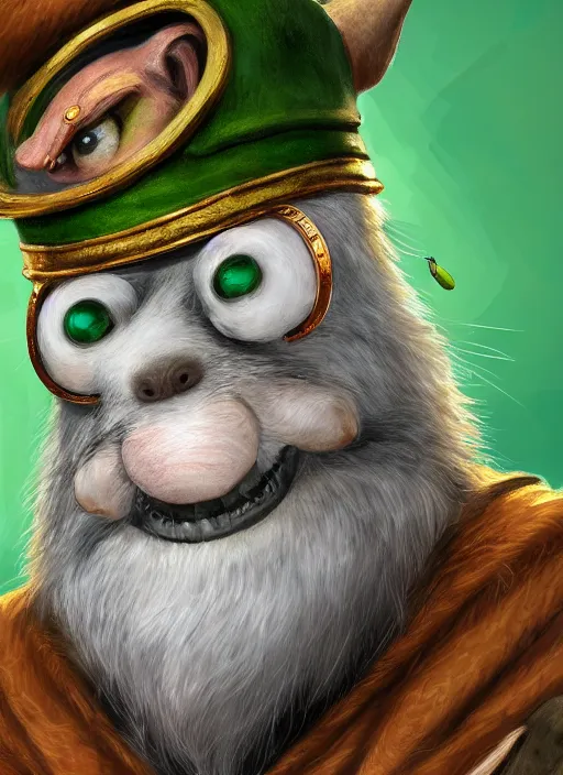 Image similar to oilpainting of an anthropomorphic rat with beard and human eyes, wearing jewelry, tricorne hat, green robe, d & d, digital art, detailed face, highly detailed, trending on artstation, 4 k, sea in the background