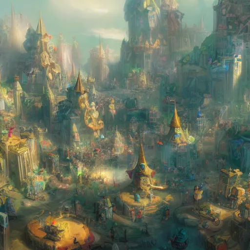 Prompt: overpopulated gnome city by Ruan Jia, Peter Morhbacher, rendered in hyperdetailed Ultra HD, trending on ArtStation, luminous, cute gnomes everywhere, pastel colors