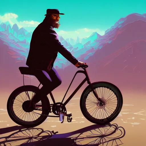 Image similar to a beautiful painting of a very detailed gangster riding a bike by dan mumford, beeple, trending on artstation, vapourwave