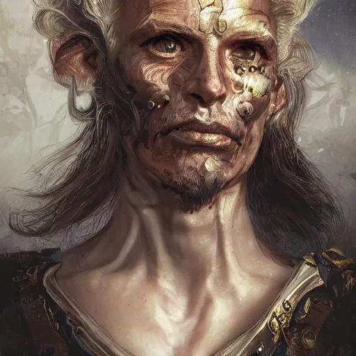 Image similar to portrait, headshot, insanely nice hair style, digital painting, of a old 17th century, old cyborg merchant, amber jewels, baroque, ornate clothing, scifi, realistic, hyperdetailed, chiaroscuro, concept art, art by Franz Hals and Jon Foster and Ayami Kojima and Amano and Karol Bak,