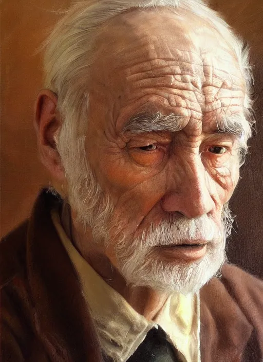 Prompt: concept art oil painting of and Old man by Jama Jurabaev, no glasses, Bust Portrait, extremely detailed, brush hard, brush strokes, Dorothea Lange, Migrant Mother, artstation