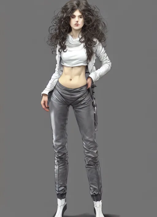 Image similar to girl in very short white! top and very short gray! leather jacket, open belly, long dark curly hair, high waist sweatpants, intricate, elegant, highly detailed, digital painting, artstation, concept art, smooth, illustration, art by artgerm and greg rutkowski and alphonse mucha