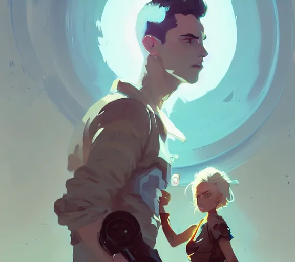 Image similar to portrait jayce and viktor by atey ghailan, by greg rutkowski, by greg tocchini, by james gilleard, by joe fenton, by kaethe butcher, by ashley wood, dynamic lighting, gradient light blue, brown, blonde cream and white color scheme, grunge aesthetic