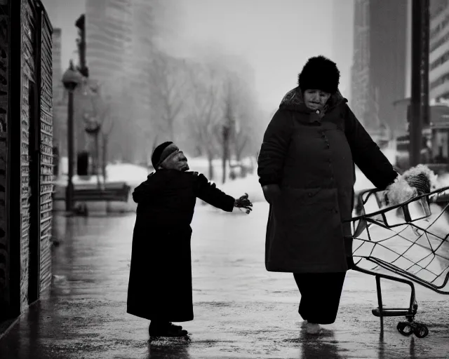 Prompt: there's an infant clinging to his overweight mother in the cold as they go to shop for cigarettes, portra 4 0 0 candid photograph portrait by annie leibovitz, humans of new york, 3 5 mm macro shot, f / 3 2, hyperrealistic, cinematic lighting, hd wallpaper, 8 k, 4 k