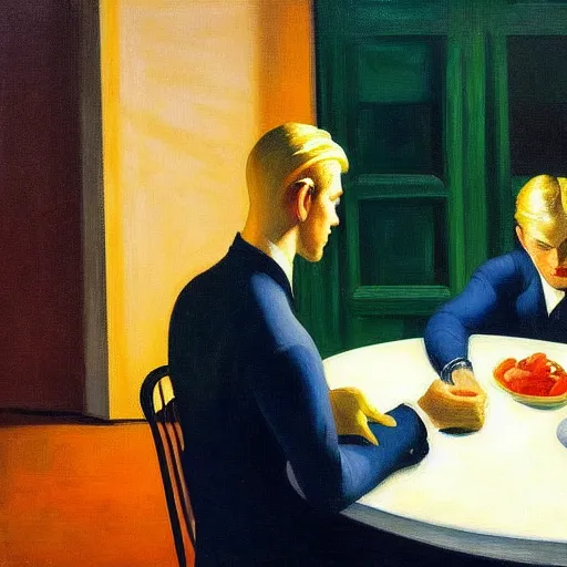 Image similar to a detailed painting, blonde man at a dinner table, dramatic lighting, edward hopper,