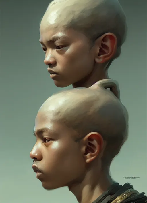 Prompt: a portrait of a sage child with an enormously large head, an ancient pale sage child with macrocephaly, highly detailed, digital painting, artstation, concept art, intricate, elegant, smooth, sharp focus, art by wlop, mars ravelo and greg rutkowski and craig mullins