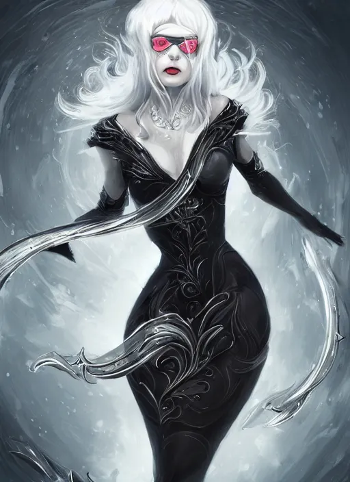 Image similar to a highly detailed illustration of white haired pale lady wearing black blindfold and metal dress, dramatic floating pose, intricate, elegant, highly detailed, centered, digital painting, artstation, concept art, smooth, sharp focus, league of legends concept art, wlop