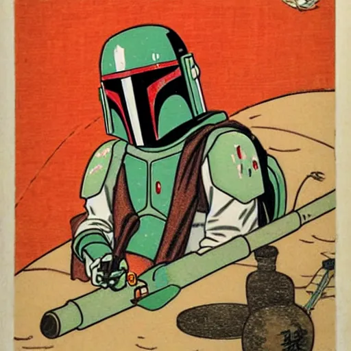 Prompt: boba fett at a cantina, ukio-e artstyle