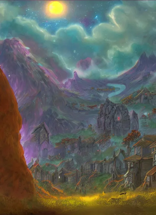 Image similar to The village on the sun under the lava mountains in the lord of the rings lore stylized galaxy and realm of fantasy adventure. Woo hoo I love being fantastical! Landscape scenery painting for an art contest.