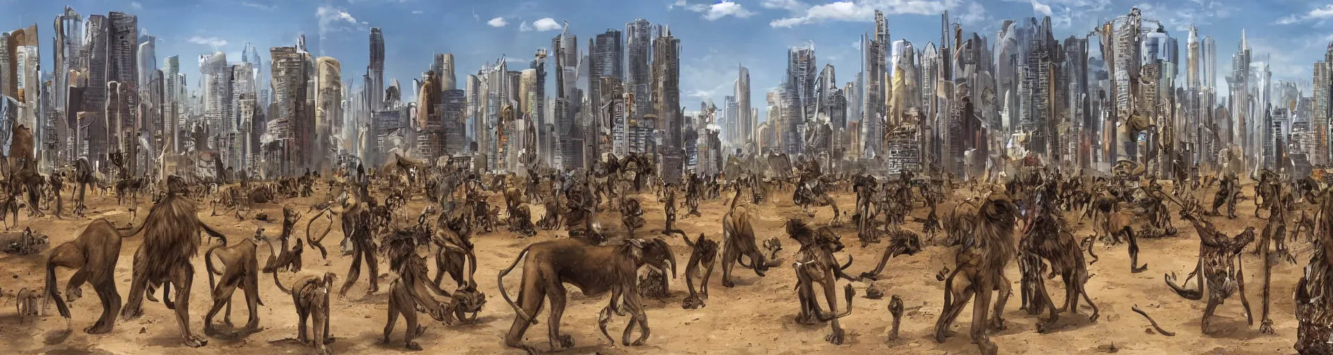 Prompt: a high fantasy african city populated by upright - walking lion people, street view,