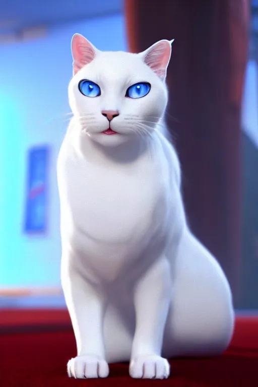 Image similar to a white cat with blue eyes wearing a red formal overcoat, hyperrealistic, concept art, octane render, unreal engine 5, realistic and defined face, profile picture, digital art, pixar and disney style, symmetrical, high quality, highly detailed, high coherence, path traced, house background, low contrast, beautiful, elegant clothes