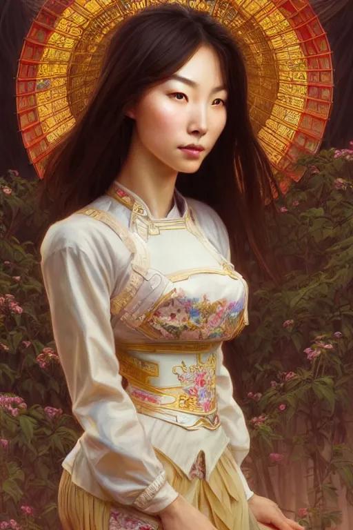 A digital painting of a beautiful chinese girl standing and posi