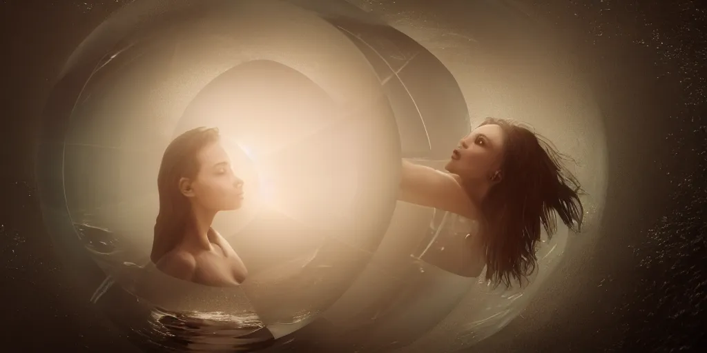 Prompt: a beautiful woman swimming inside a compass, spherical celestial biomechanics, 1 6 k, photorealistic, cinematic composition, movie concept art, cinematic composition 8 k, intricate detail, high detail, hd, octane render, unreal engine, v - ray, cinematic lighting, octane, volumetric lighting, dark moody lighting, atmosphere, smoke, fog, matte painting, extreme long shot