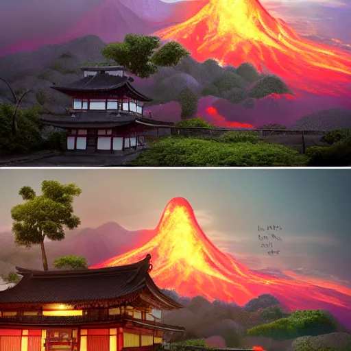 Image similar to matte painting art of a Japanese village in the hills with a big volcano eruption in the background, lava river, concept art, Trending on Artstation, cgsociety, ultra sharp