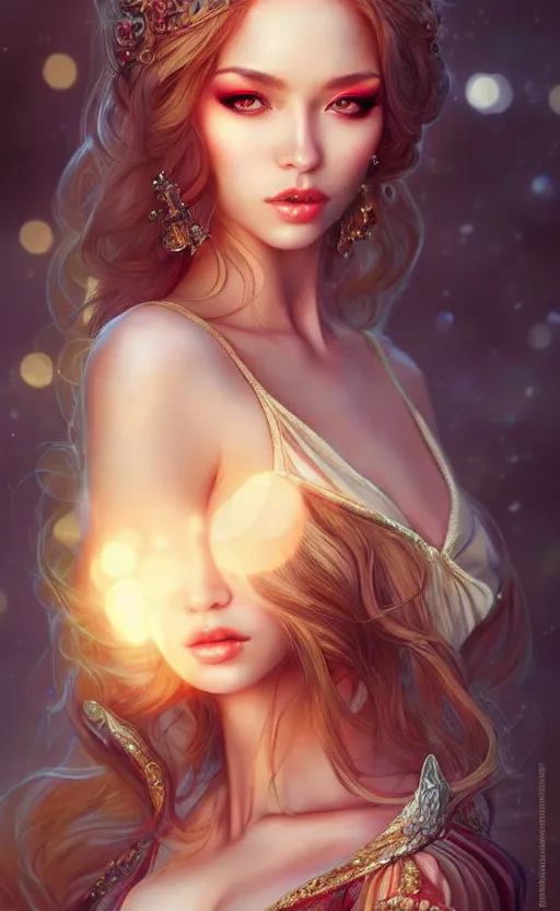 Image similar to a fantasy photo of gorgeous russian female, evening gown, bokeh, medium shot, beautiful face, professionally retouched, soft lighting, realistic, smooth face, perfect eyes, sharp focus, 8 k realistic high definition, insanely detailed, intricate, elegant, art by artgerm and kyoung hwan kim