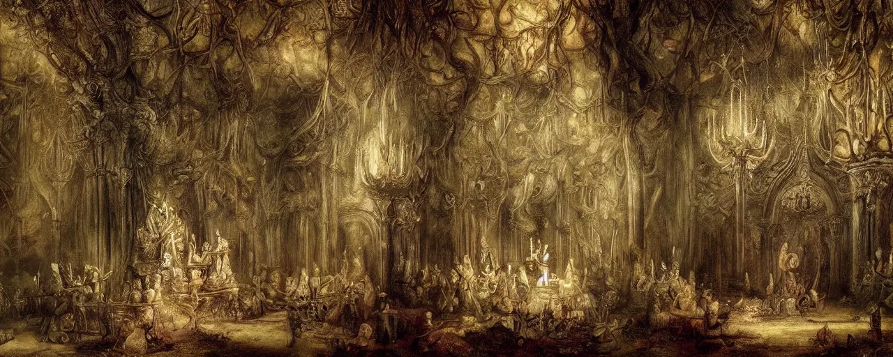 Prompt: hyperrealistic photo of the unseelie court inside of a gothic throne room forest painted by rembrandt