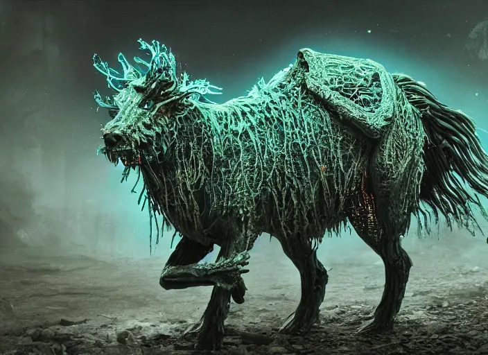 Image similar to detailed bioluminescence nightmare Chernobyl mutated animal in full intricate detail, ultra detailed, digital art, octane render, 4K, dystopian, micro details