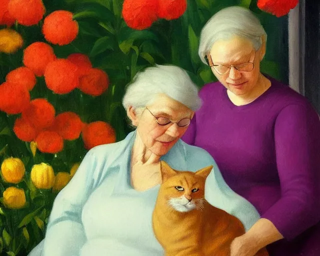 Image similar to detailed portrait of a peaceful old lady and her cat made out of flowers, Edward Hopper, sharp high quality