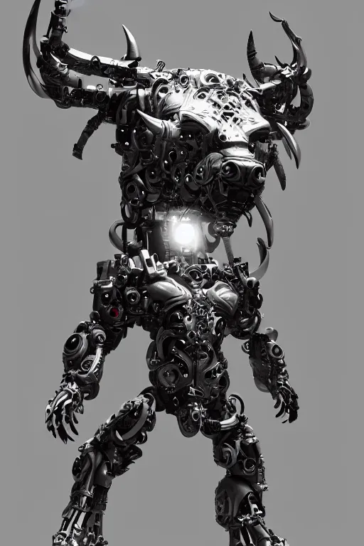 Image similar to a full body shot of a cyborg ( bull ) modeled after a bull looking into the camera, android, cyborg, full body shot, intricate, 3 d, hyper realism, fantasy, depth of field, octane render, symmetrical, highly detailed, digital art, artstation, concept art, cinematic lighting, trending