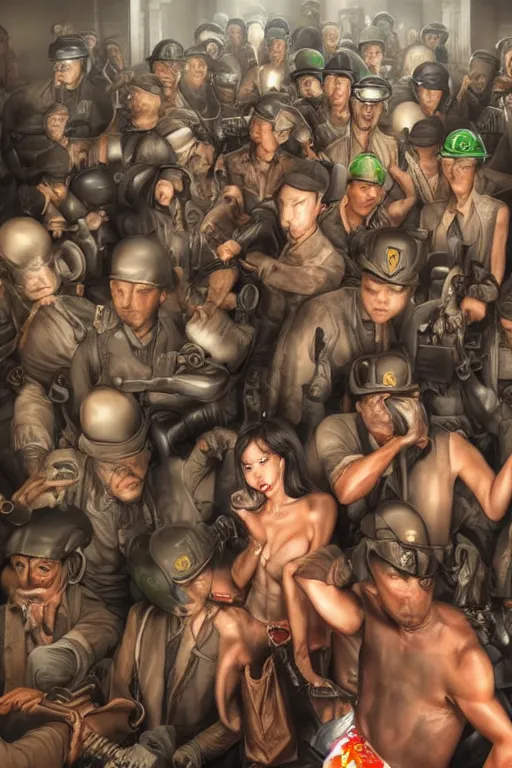 Prompt: place full of tunnel rats - pop art, hyperrealistic, detailed by artgerm and richard hamilton and mimmo rottela and bob rafei and kazuma kaneko and bengus and yoshitaka amano, face features, realistic detail human composition, best rendered by photoshop and octane