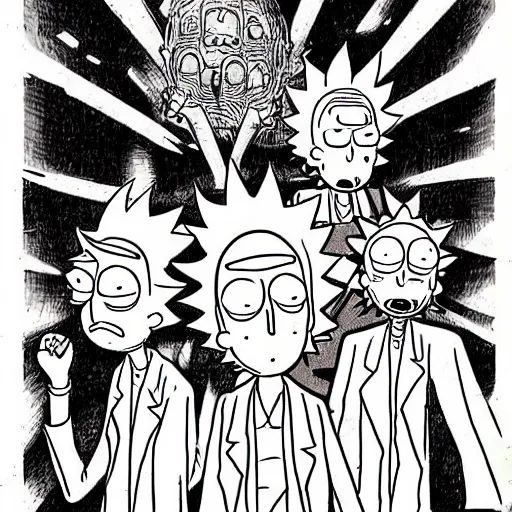 Prompt: rick and morty drawn in the style of Kentaro Miura from berserk, manga, high detail,