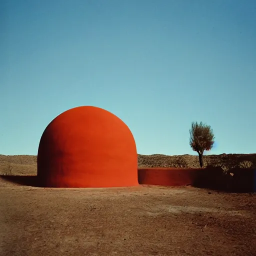 Image similar to a man in brightly colored clothing standing outside a Non-Euclidean orb-like clay house sitting in the desert, vintage photo, beautiful cinematography, blue sky, film grain, James Turrell