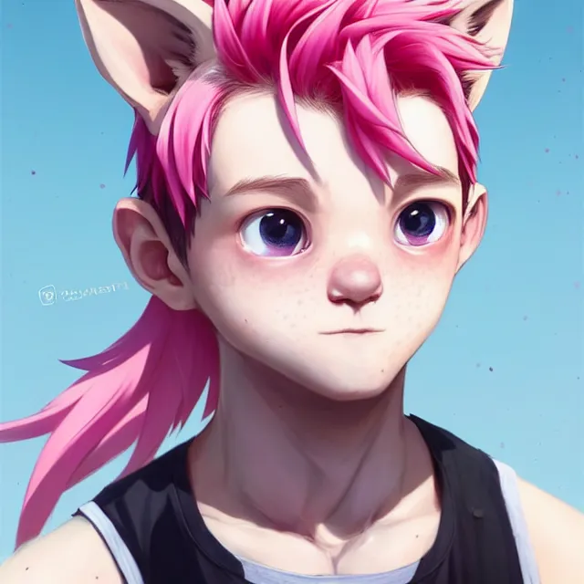 Image similar to character concept art of a cute boy with pink hair and pink wolf ears and freckles | | cute - fine - face, pretty face, key visual, realistic shaded perfect face, fine details by stanley artgerm lau, wlop, rossdraws, james jean, andrei riabovitchev, marc simonetti, and sakimichan, trending on artstation